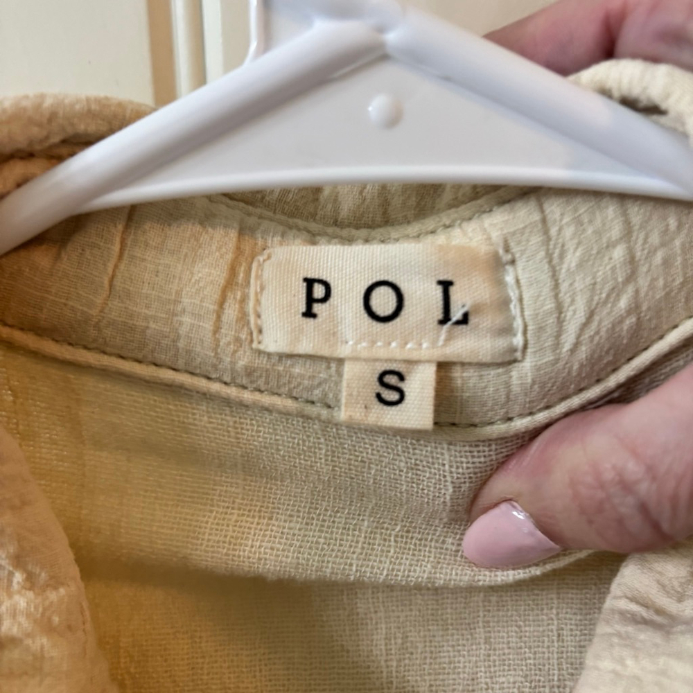 Women's S POL Button Up Shirt Jacket Beige Green Peace Sign Oversized Lagenlook - Picture 5 of 11